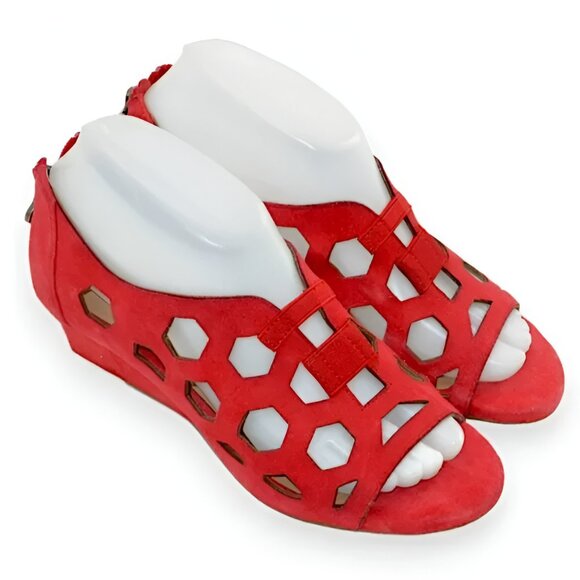 New Bettye Muller Caged Tomato Red Leather Open Toe Wedges Sandals Heels Pumps 7 - Picture 4 of 10